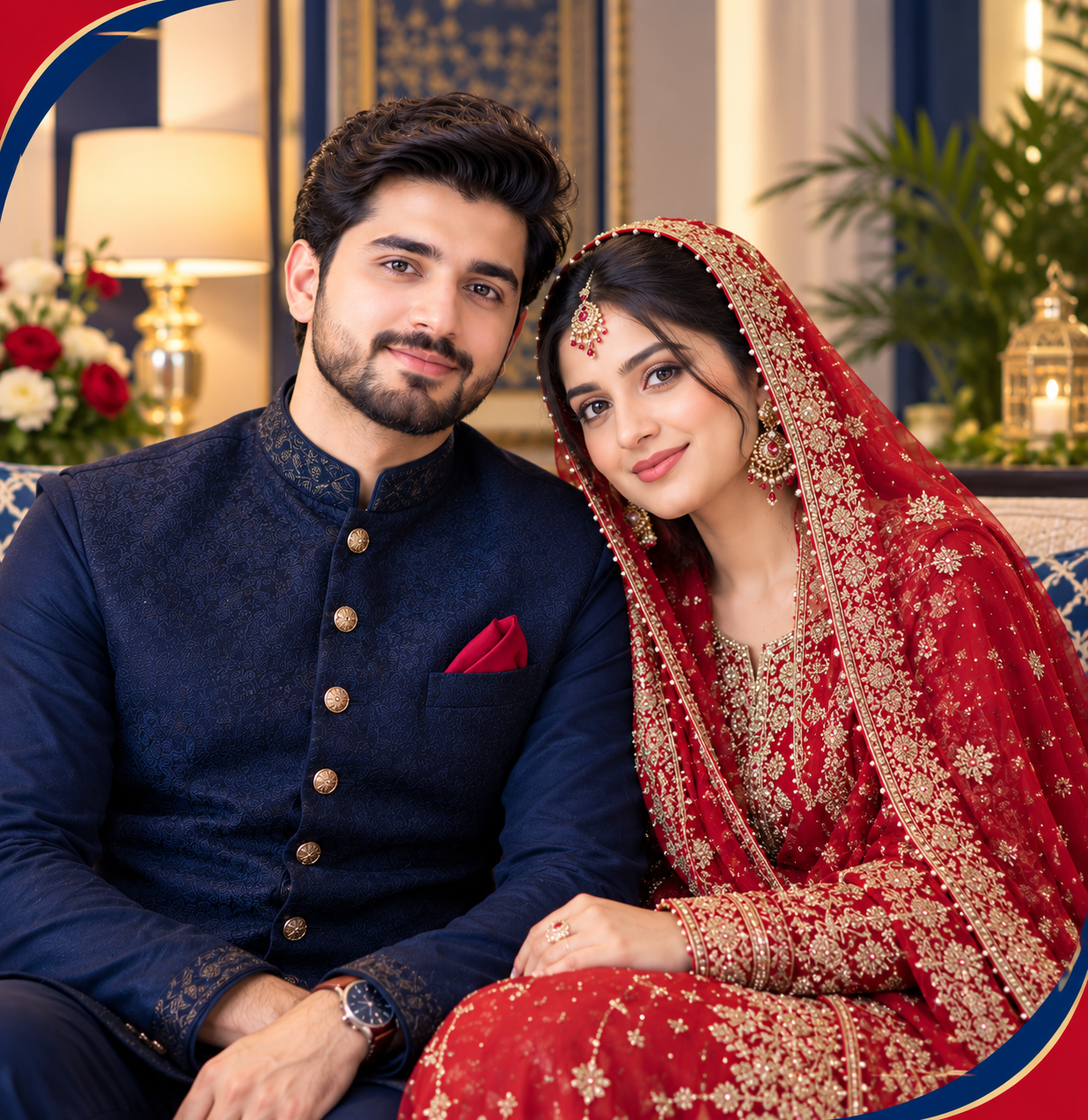 Pakistani baraat bride in a red lehenga with a groom in a black sherwani